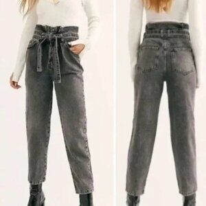 We The Free People Paper Bag Waist Tie Button Fly Jeans Black Gray Acid Wash